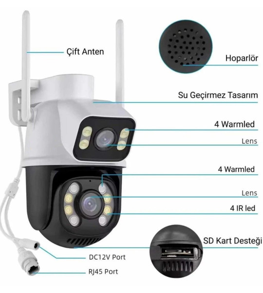 Yapay Zeka Güvenlik Kamerası 2 Kameralı 3+3mp Wi-Fi Ptz Renkli Gece Görüş 28758 RADEX RX-28AI Smart