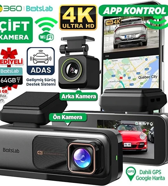Araç İçi Kamera 4K UHD - Arka 1080P FHD 170° Geniş Açı Lens Gece Görüşü Dahili Gps Modülü Akıllı Yapay Zeka 360+ Botslab G980H ADAS Ön Gerçek
