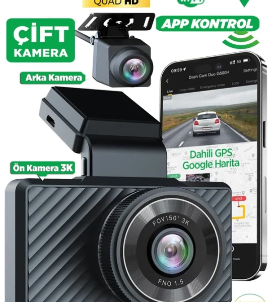 Araç İçi Kamera Geniş Açı Lens Gece Görüşlü Dahili Gps Modülü Akıllı 360+ G500H Botslab Pro Ön 3K QHD - Arka 1080P FHD 150°